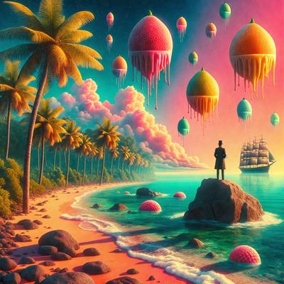 The primary subject of the image is a man standing on a rock near the ocean. The setting is a beach with a backdrop of a pink sky. The visual style is a digital art or illustration, creating a surreal and whimsical atmosphere. The colors are predominantly pink, which adds to the dreamy and fantastical mood of the scene.